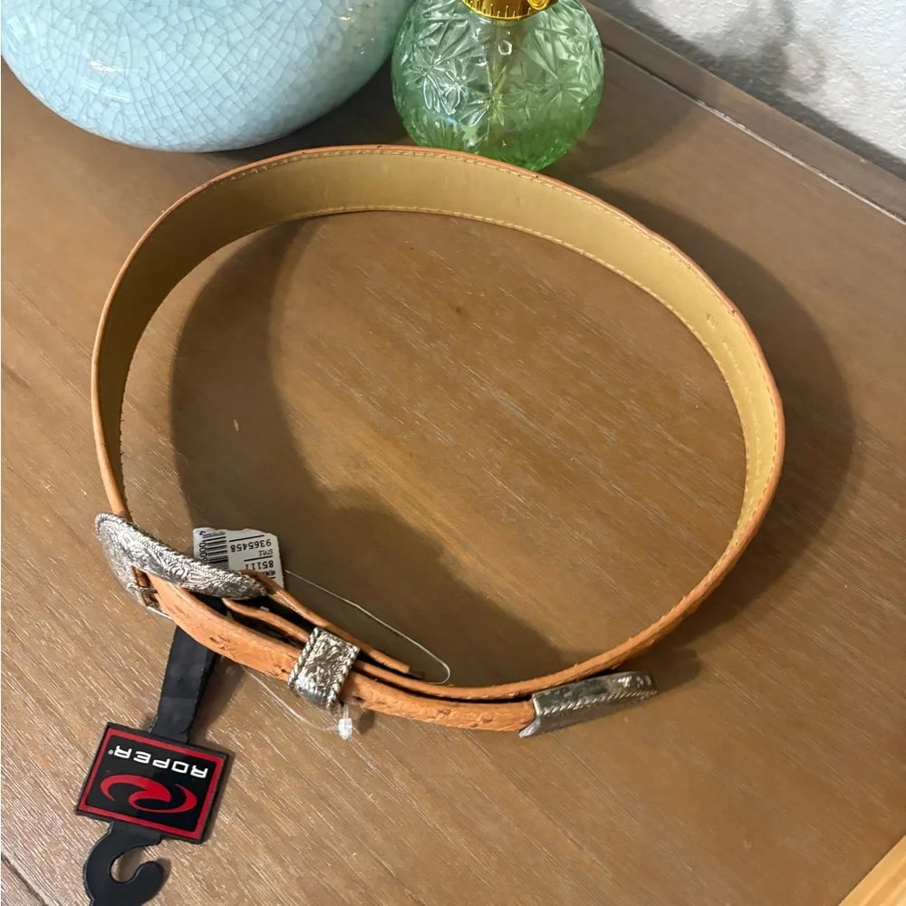 Roper Tan Ostrich-Texture Belt with Silver Western Buckle
